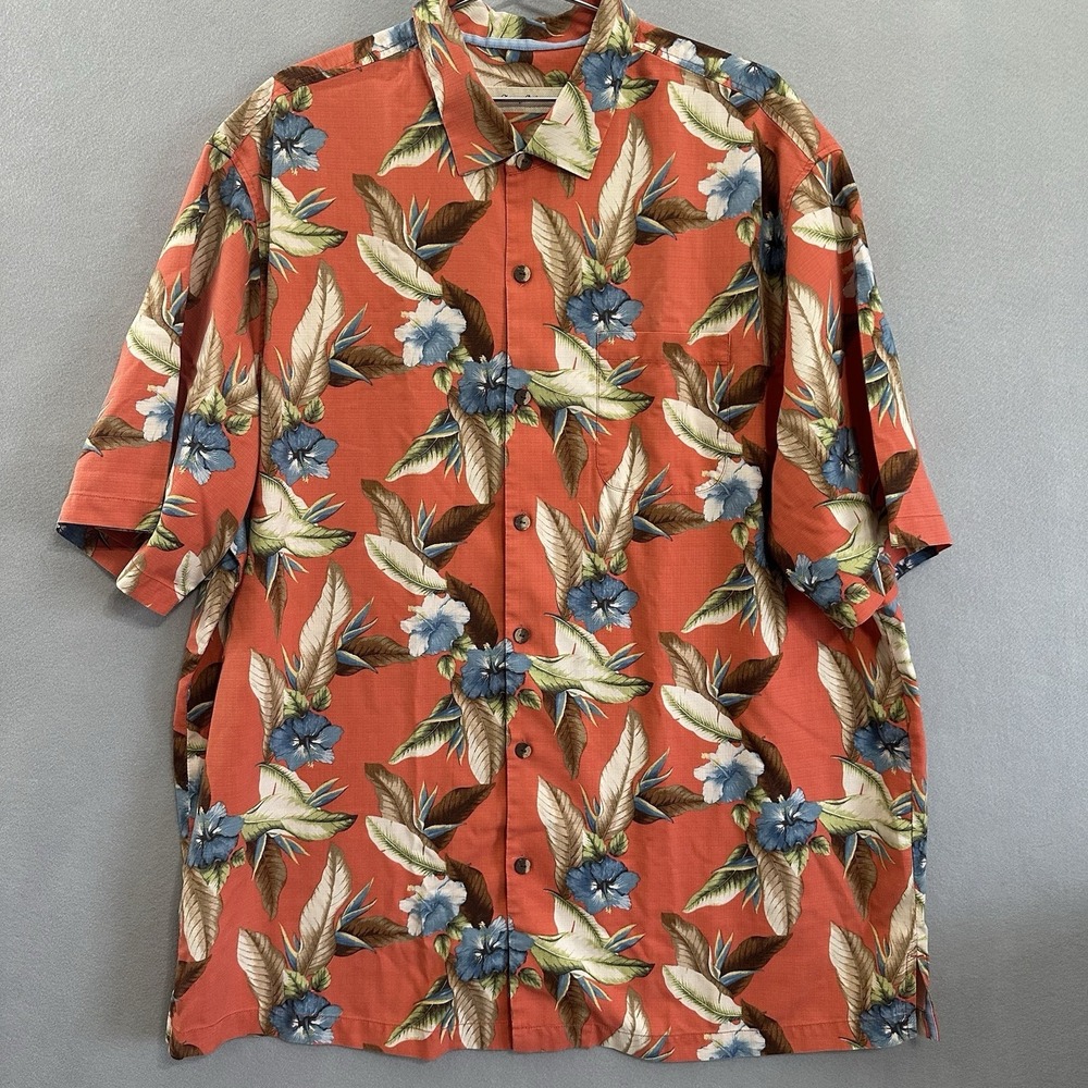 Tommy Bahama Hawaiian Silk Camp Shirt Button Up Coral Floral Tropical Men's 2XT